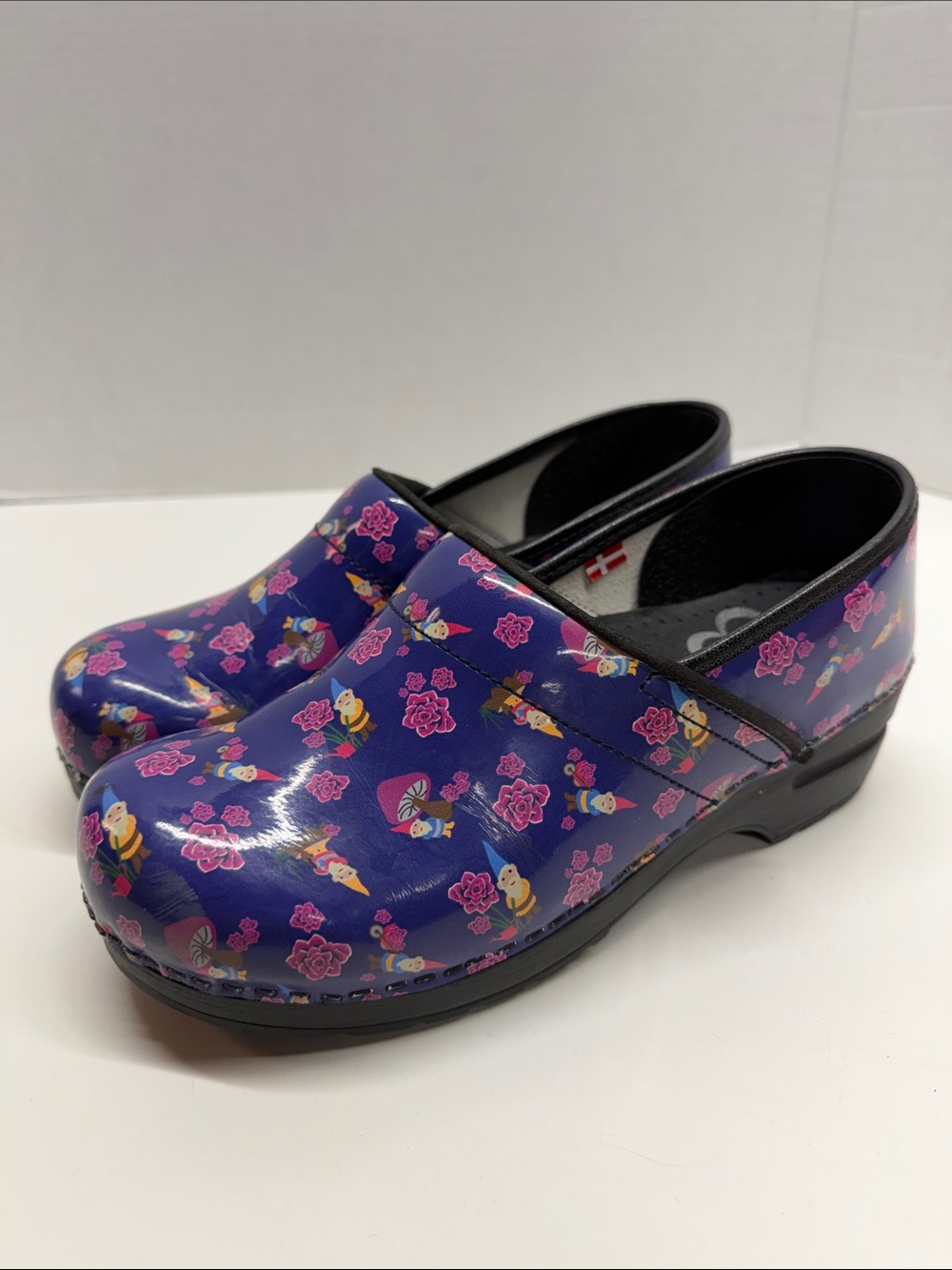 Sanita Clogs Mule Slip On Mules Shoes Patent Leather Gnome Floral Purple Size 10
